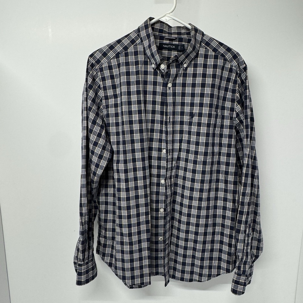 Nautica Men's Large Button Down Shirt Navy Blue White Orange Plaid Long Sleeve